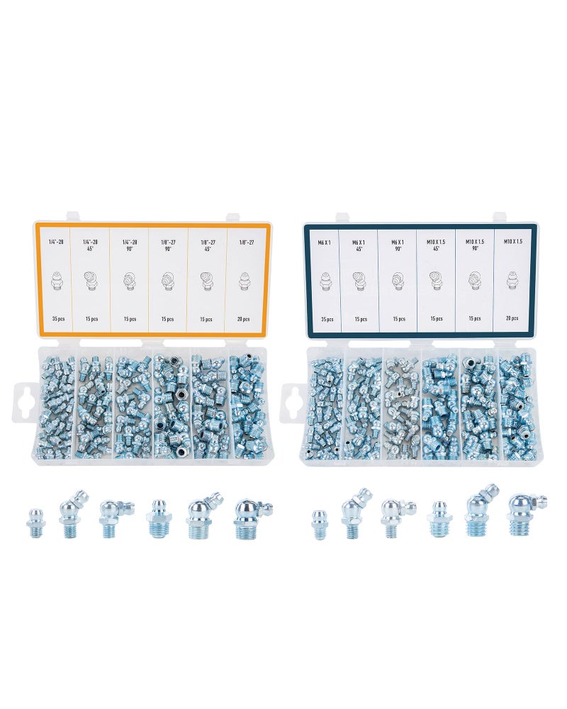 ZELCAN 230pc SAE & Metric Grease Fittings Kit, Hydraulic Grease Zerk Assortment: 1/4" 1/8" M6 M10 Straight 45 90 Degree Zerks, Galvanized Steel Set for Replacing Missing or Broken Zerk Grease Fittings - Image 1